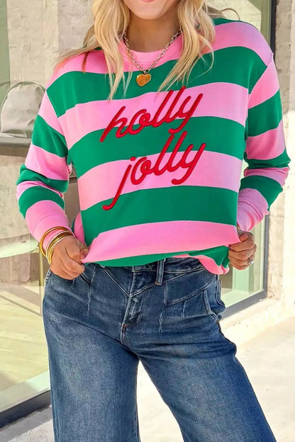 Stripe holly jolly Letter Embroidered Pullover Sweatshirt by Trendsi