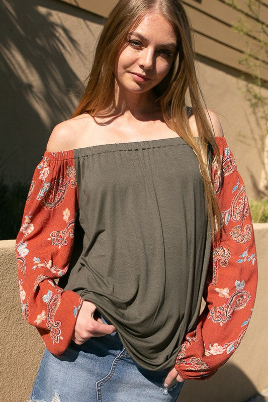 PLUS SOLID PAISLEY OFF SHOULDER TOP