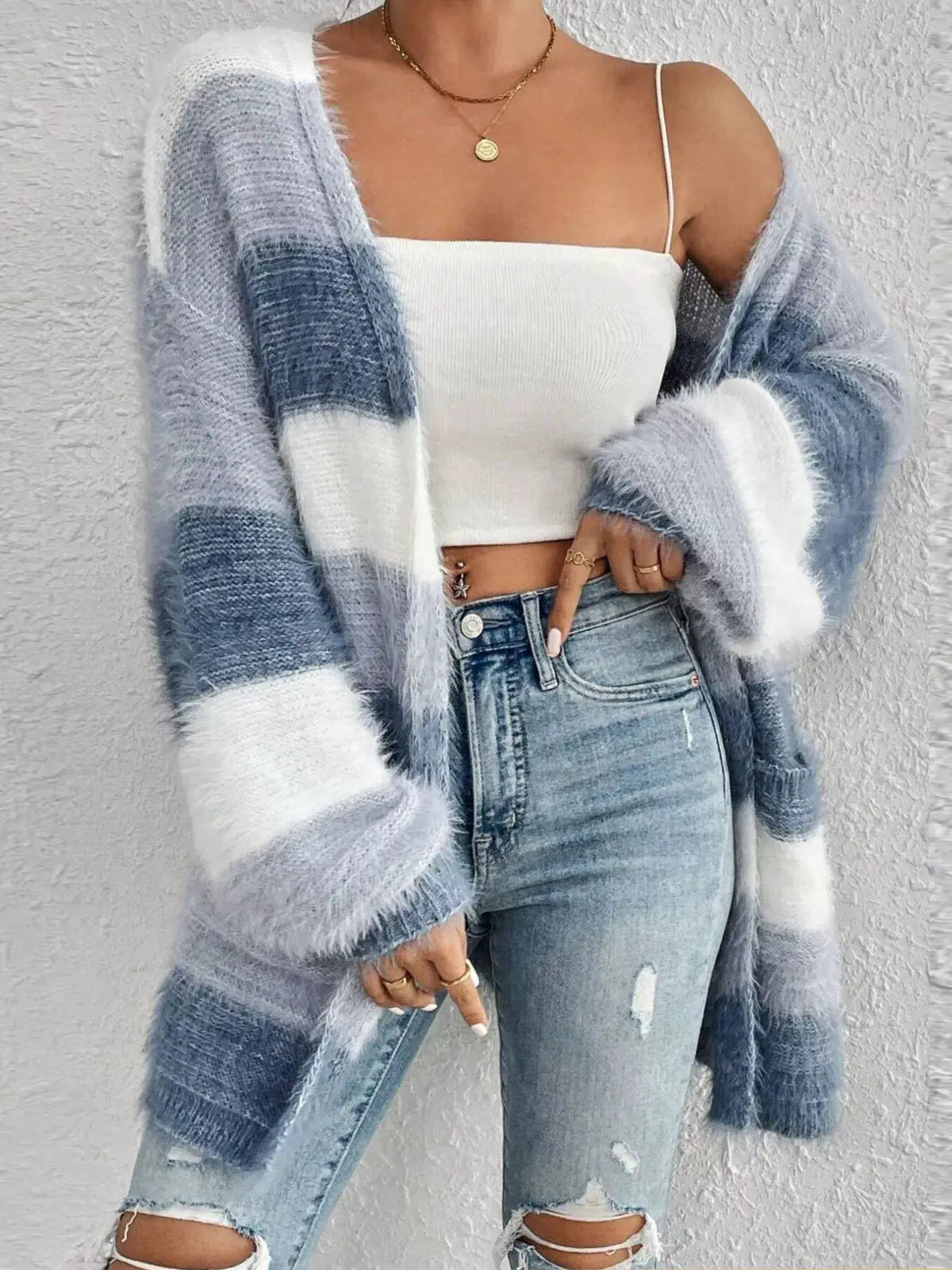 Striped Open Front Oversized Cardigan by Trendsi