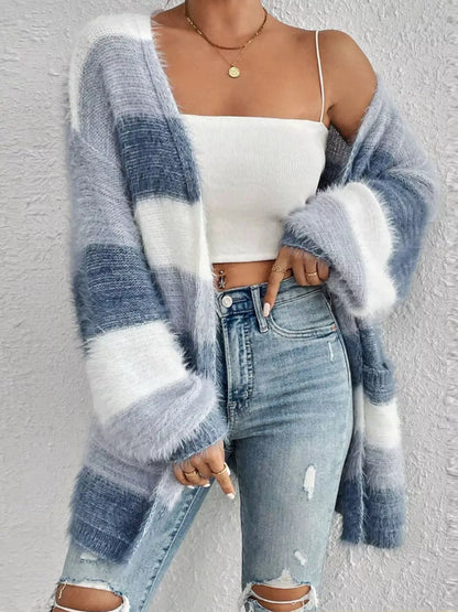 Striped Open Front Oversized Cardigan by Trendsi