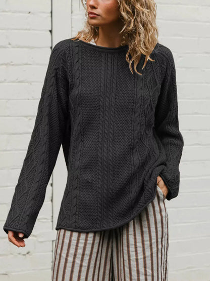 Crew Neck Cable-Knit Sweater by Trendsi