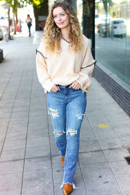The Perfect Day Oatmeal Notched Neck Contrast Stitch Knit Hoodie by Haptics