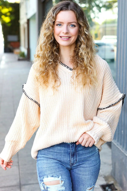 The Perfect Day Oatmeal Notched Neck Contrast Stitch Knit Hoodie by Haptics