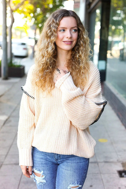 The Perfect Day Oatmeal Notched Neck Contrast Stitch Knit Hoodie by Haptics
