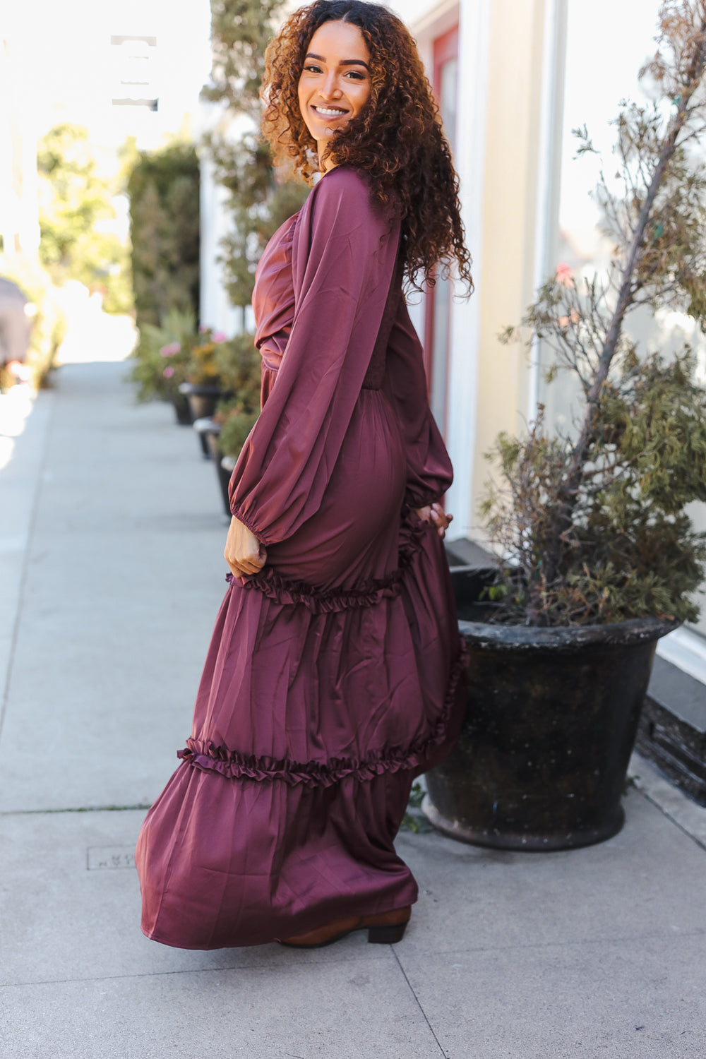 Holiday Vibes Wine Satin Front Overlap Smocked Back Maxi Dress