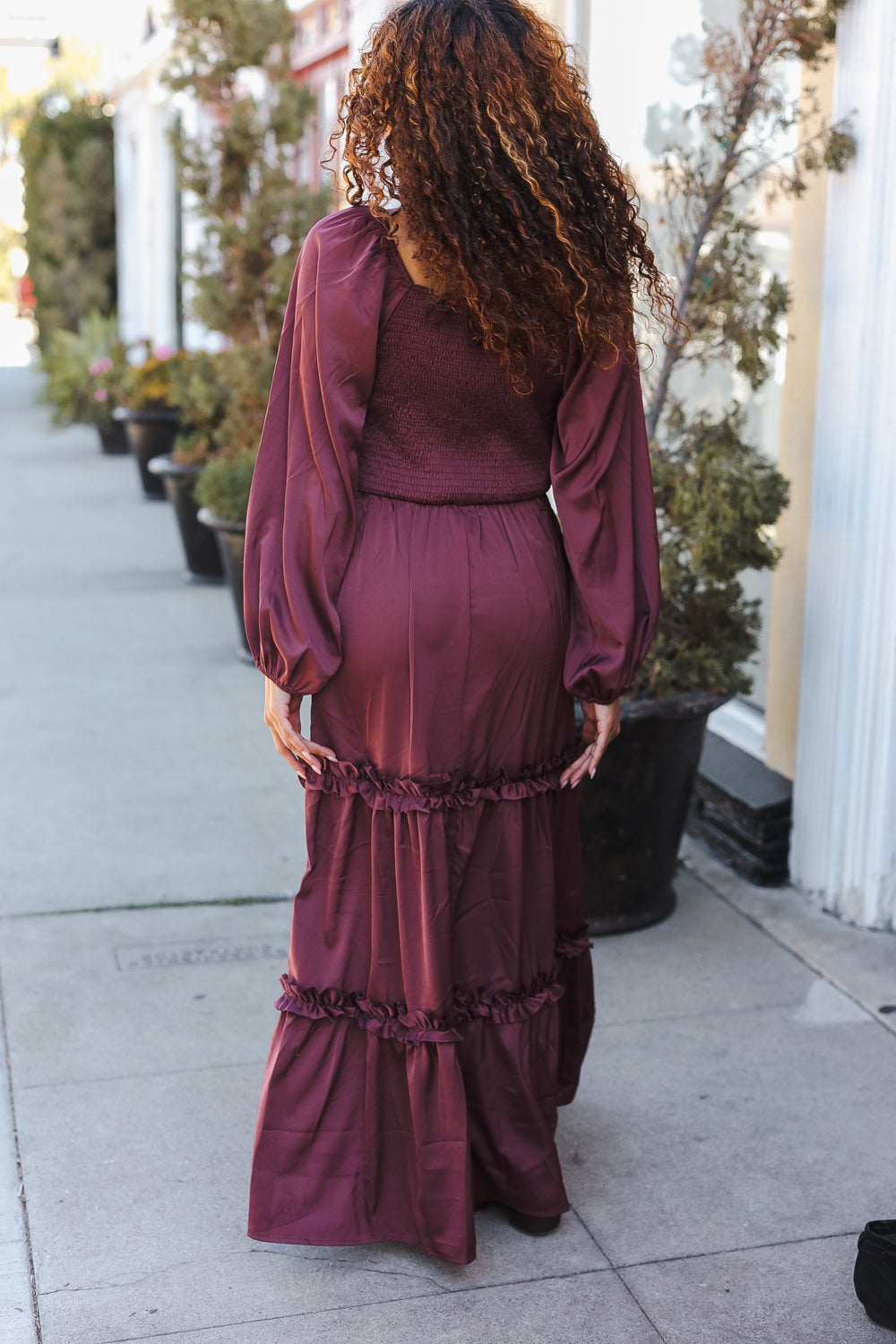 Holiday Vibes Wine Satin Front Overlap Smocked Back Maxi Dress