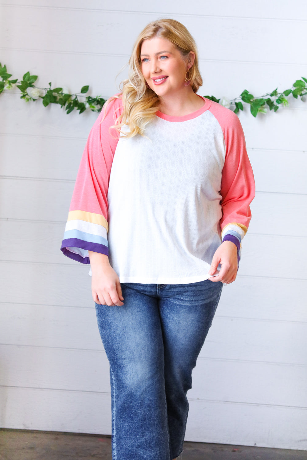 Pink Pointelle Color Block Wide Sleeve Pullover