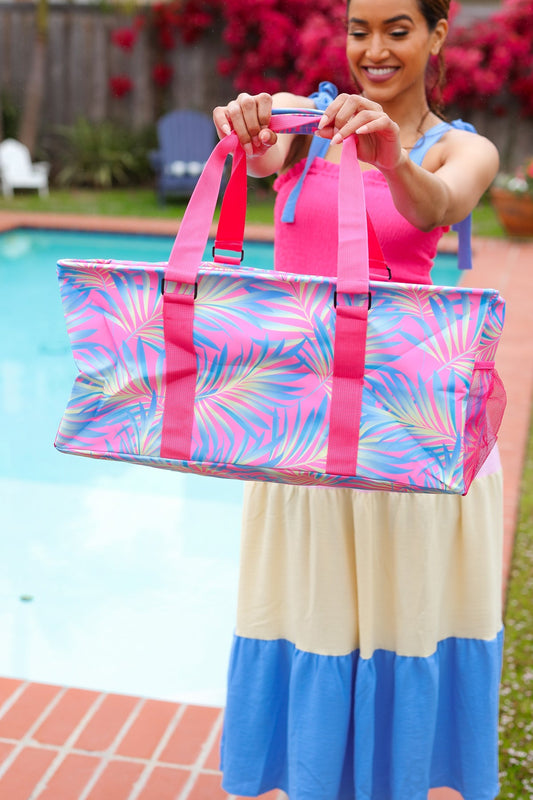 Pink & Blue Tropical Print Collapsible Canvas Strap Tote