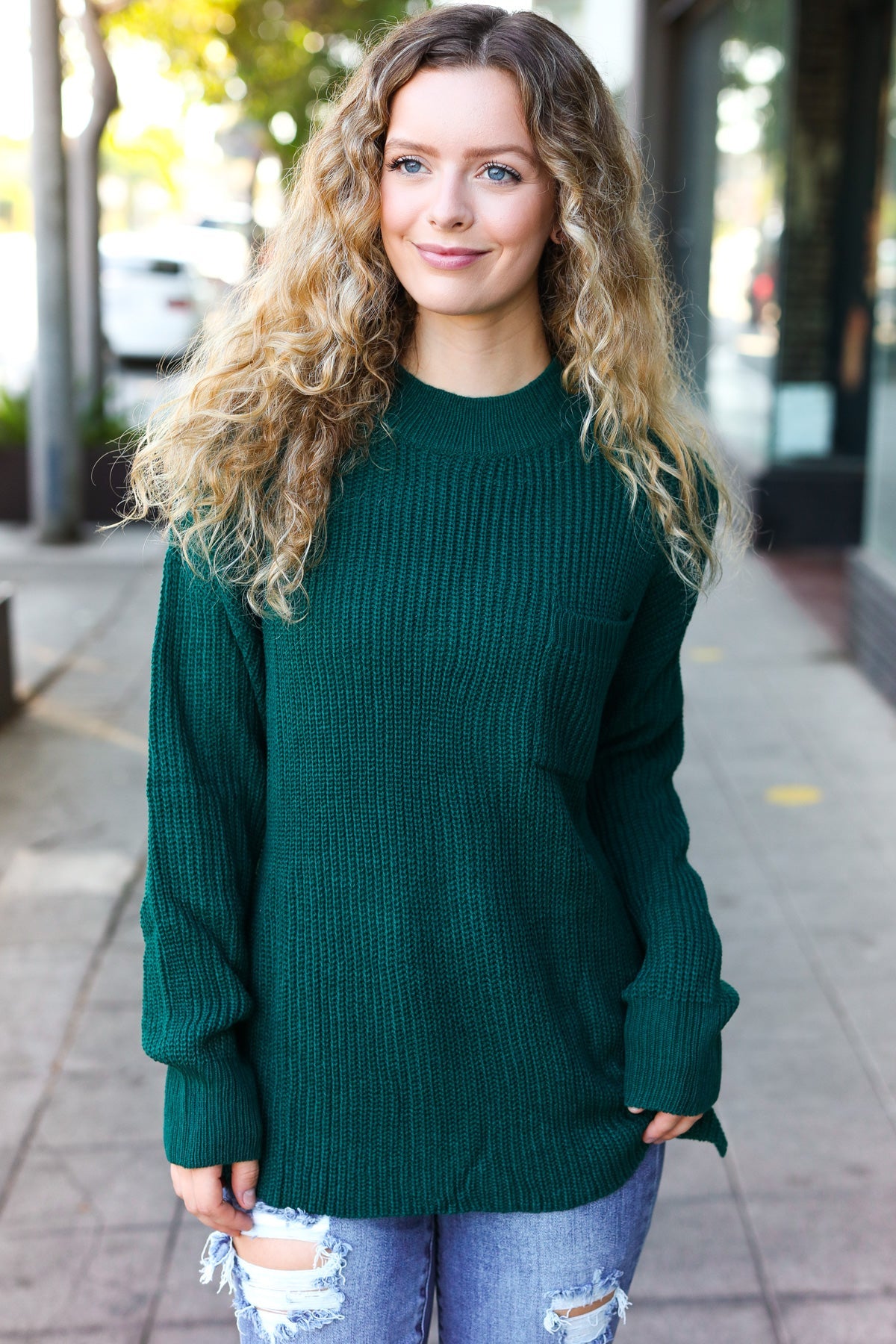 Classy Chic Hunter Green Mock Neck Chest Pocket Knit Sweater