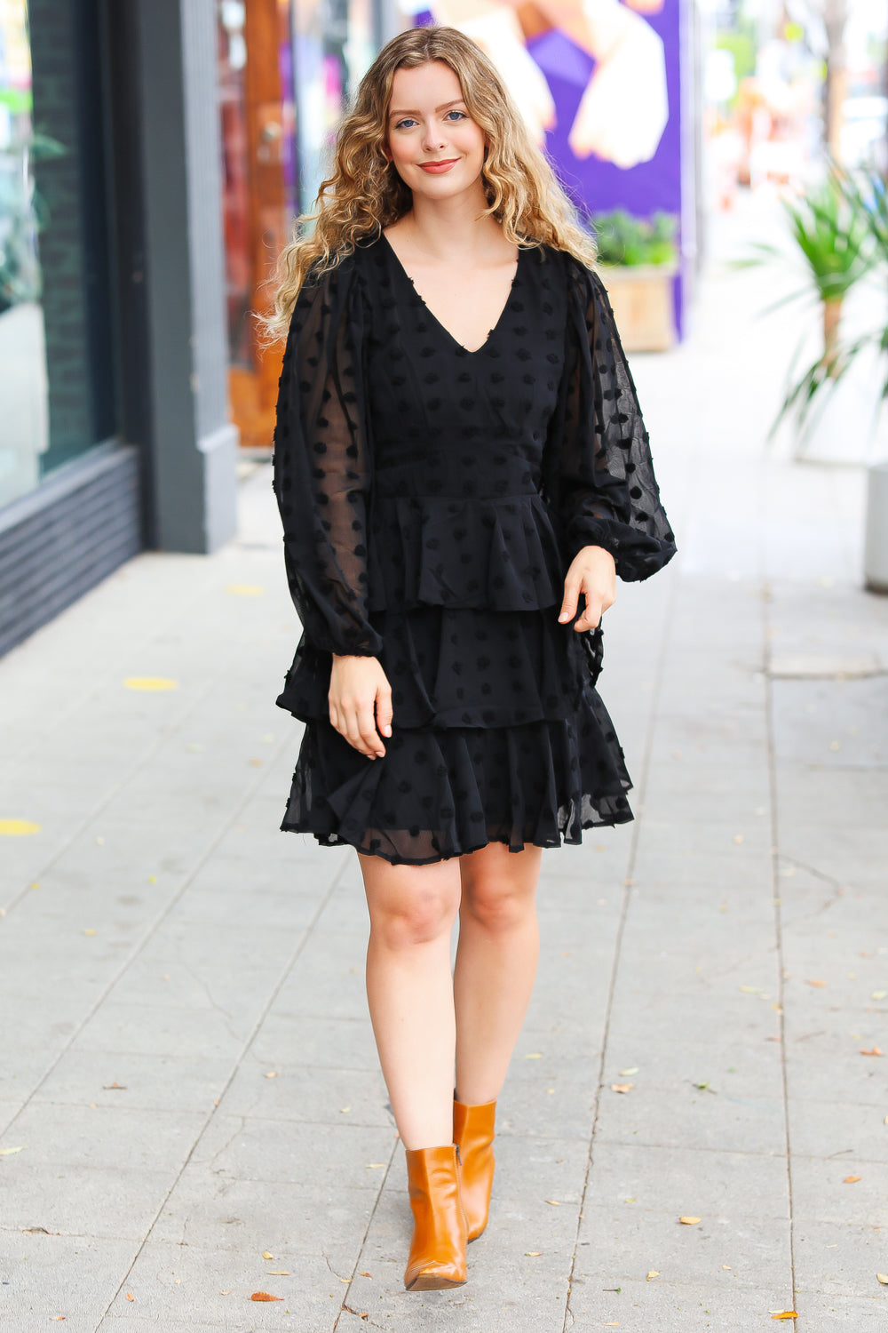 Holiday Vixen Black Chiffon Swiss Dot V Neck Tiered Ruffle Dress