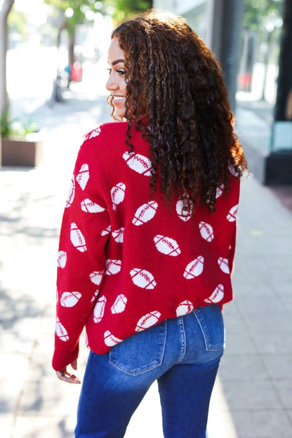 Game Day Red Football Print Jacquard Knit Sweater by Haptics