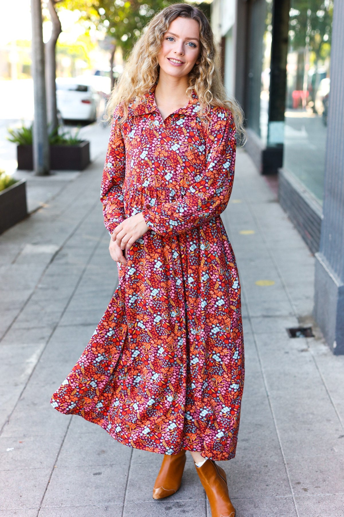 Casual Living Burgundy Floral Collared Fit & Flare Maxi Dress