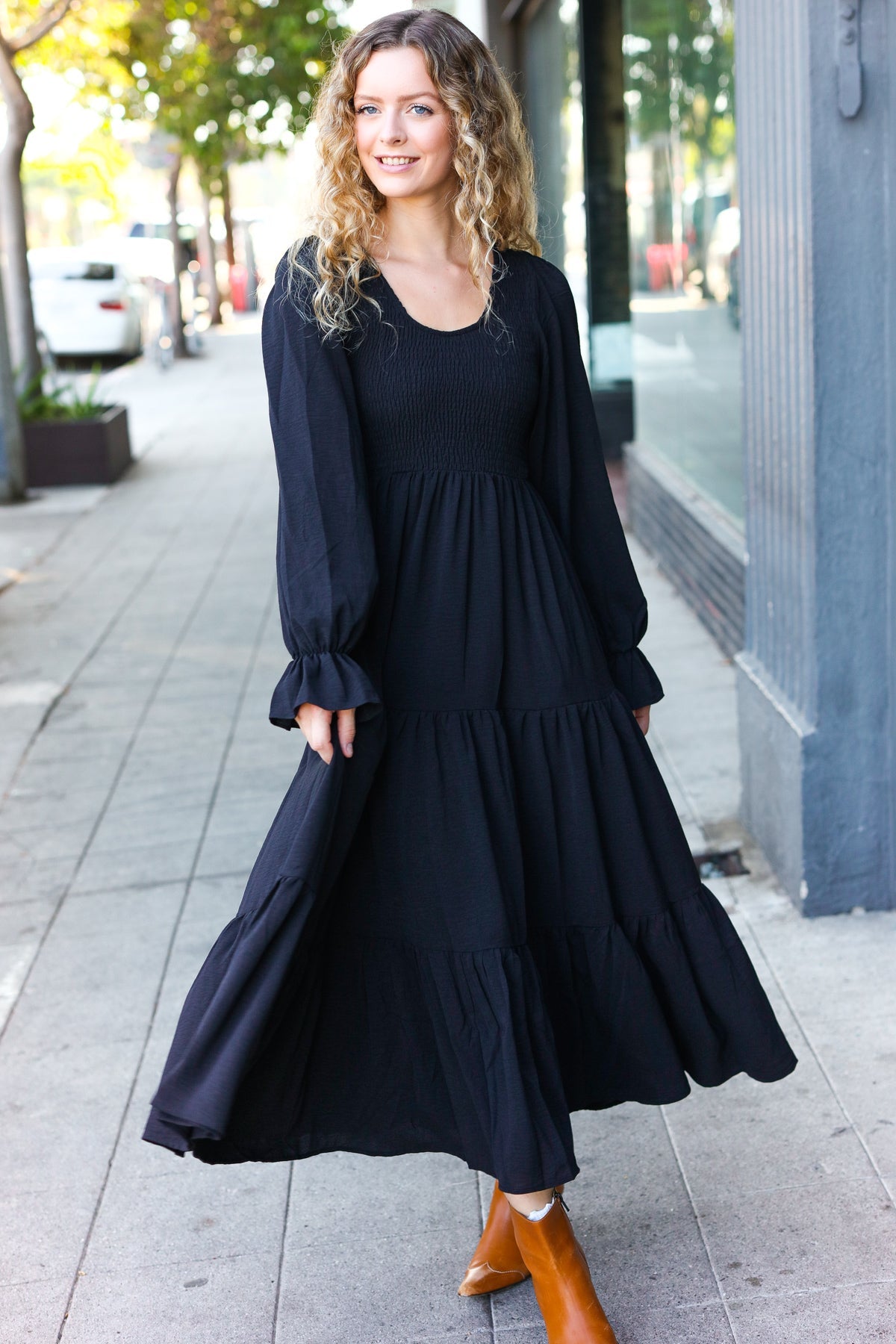 Beautiful You Black Smocked Ruffle Sleeve Maxi Dress