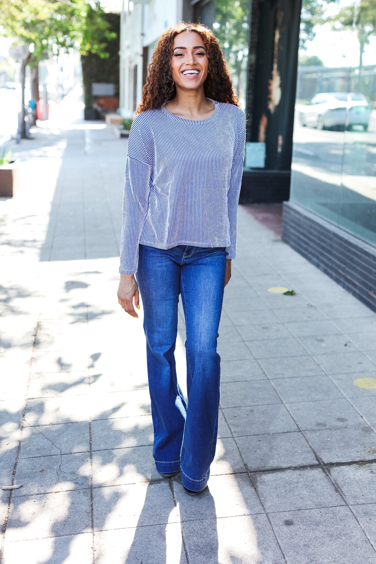 Hello Beautiful Blue Rib Dolman Sweater Top