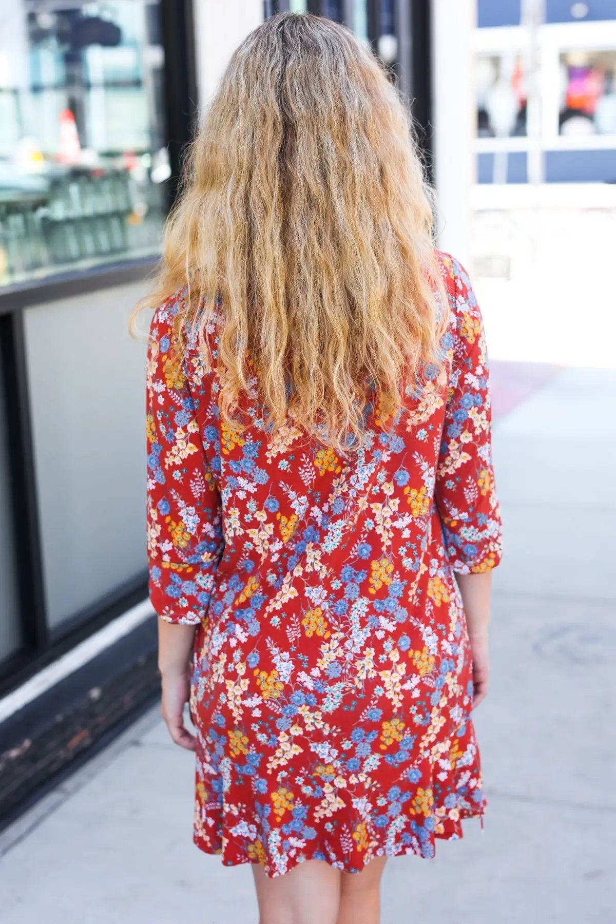 Spread Joy Rust Ruffle Floral Hem 3/4 Slit Sleeve Dress by Beeson River