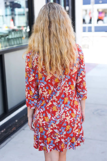 Spread Joy Rust Ruffle Floral Hem 3/4 Slit Sleeve Dress by Beeson River