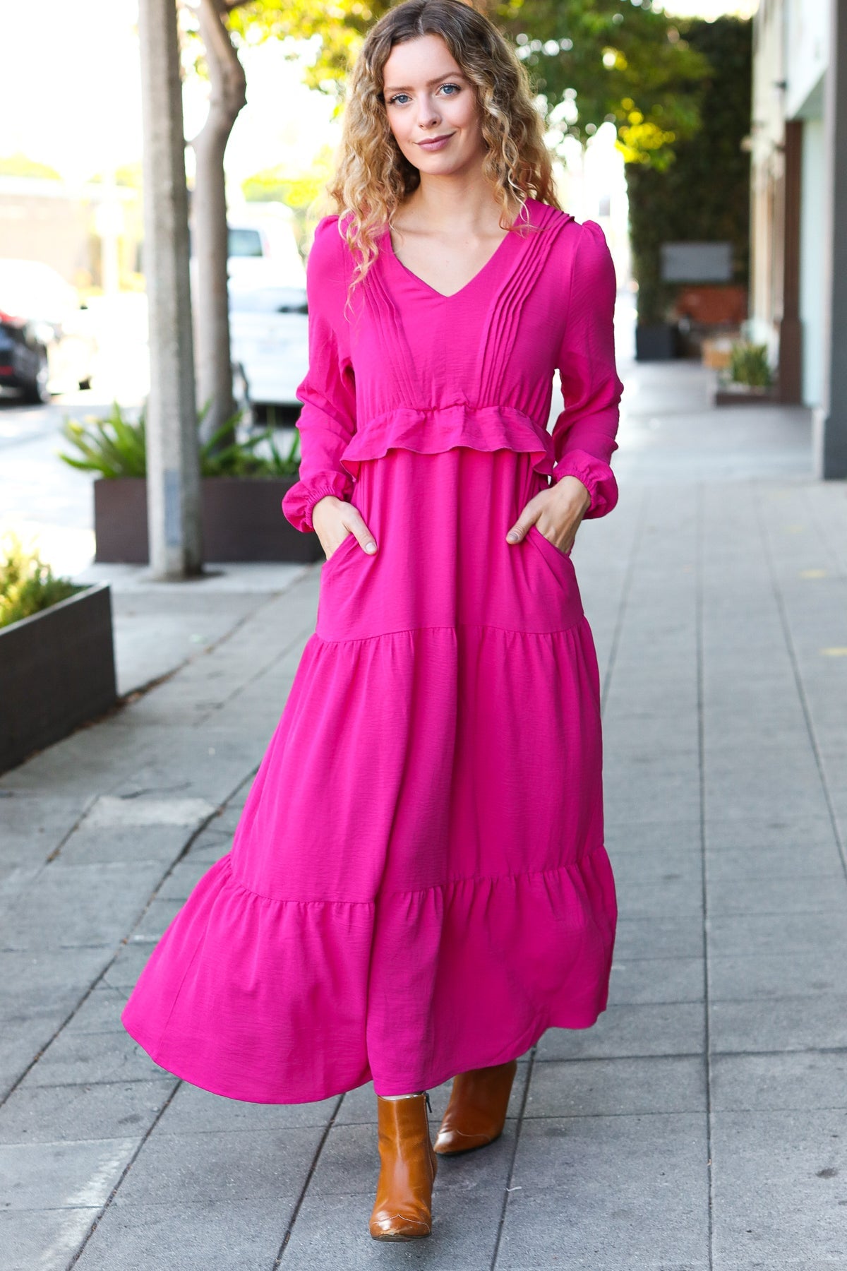 Beautiful You Berry Pintuck Detail Frill V Neck Maxi Dress