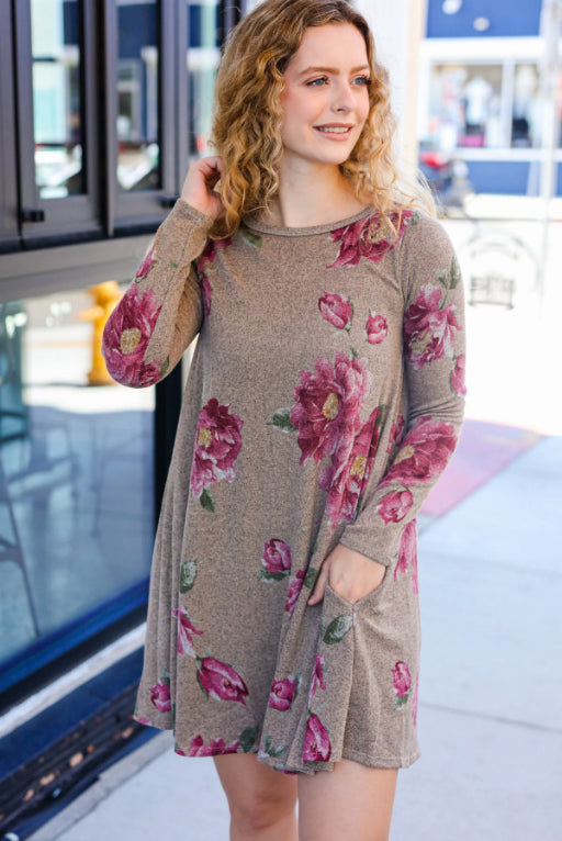 True Love Taupe & French Rose Floral Print Long Sleeve Dress