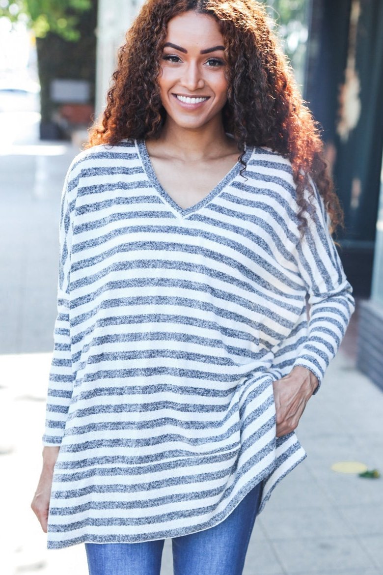 Nautical Ivory & Grey Striped Hacci Knit Tunic Top