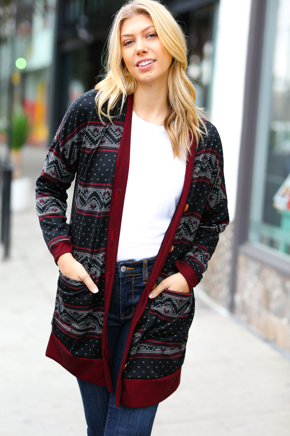 Classic Burgundy Holiday Print Button Cardigan