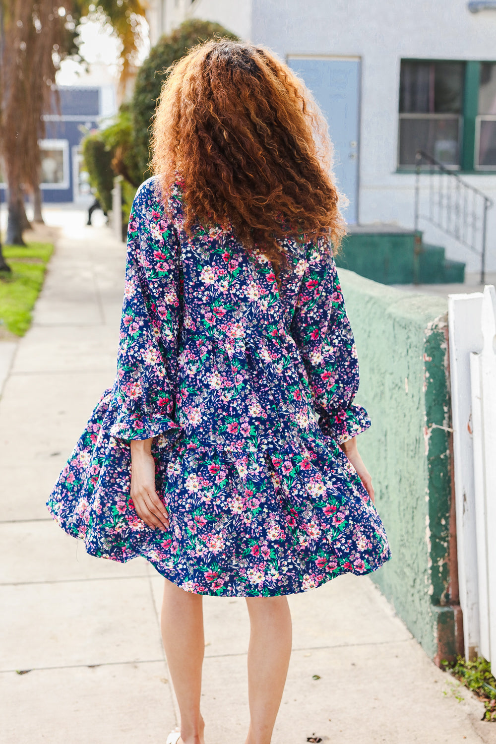 Feeling Joyful Navy Floral Bow Tie Babydoll Long Ruffle Sleeve Dress