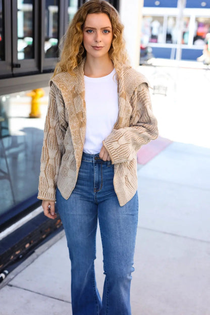 Autumn Vibes Taupe Textured Cable Knit Collared Cardigan by Haptics