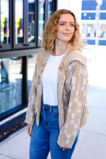 Autumn Vibes Taupe Textured Cable Knit Collared Cardigan by Haptics