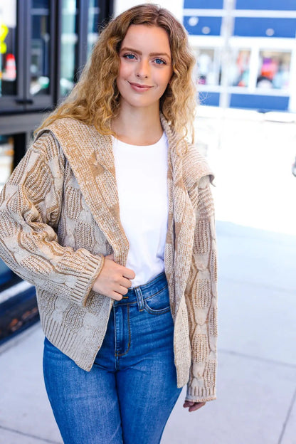 Autumn Vibes Taupe Textured Cable Knit Collared Cardigan by Haptics
