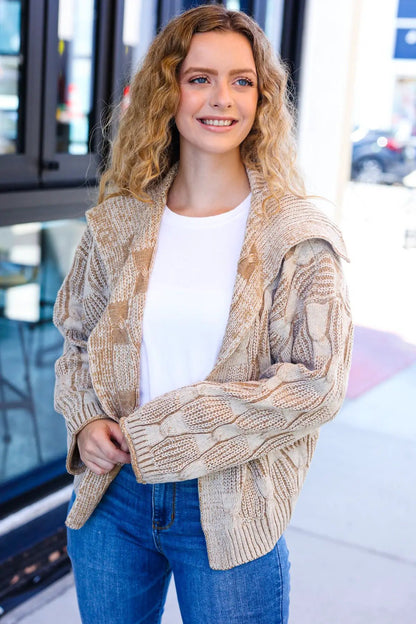 Autumn Vibes Taupe Textured Cable Knit Collared Cardigan by Haptics