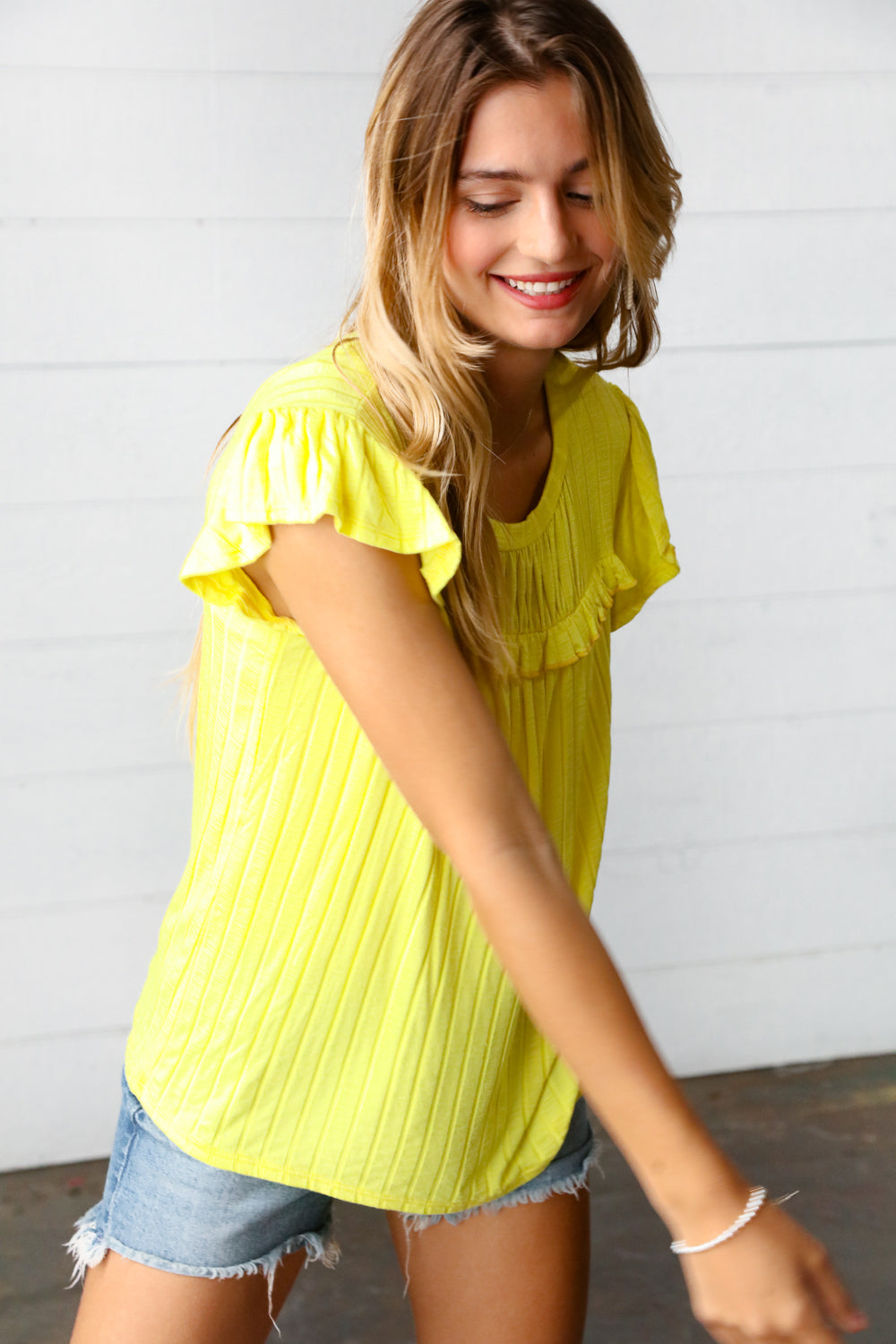 Yellow Wide Rib Frilled Short Sleeve Yoke Top