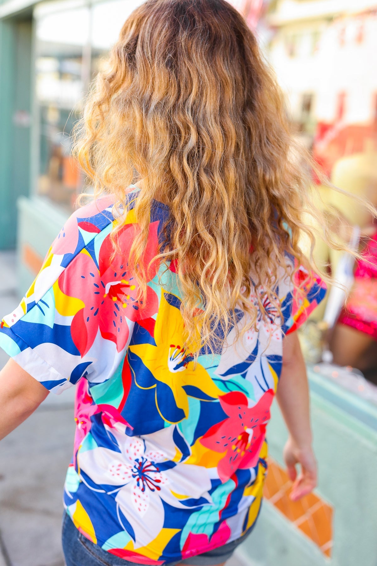 Navy & Yellow Tropical Floral V Neck Top