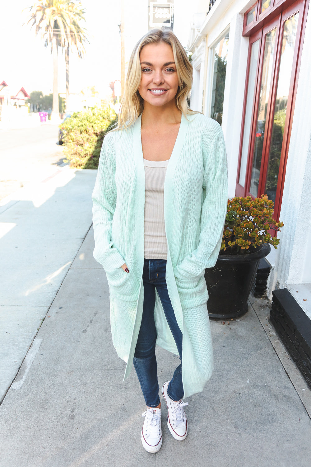 Perfectly You Mint Brushed Ribb Front Pocket Open Cardigan