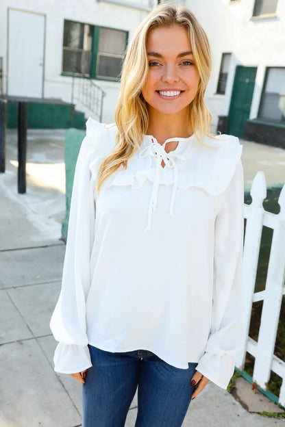 Ivory Ribbon Tie Square Neck Ruffle Bubble Blouse