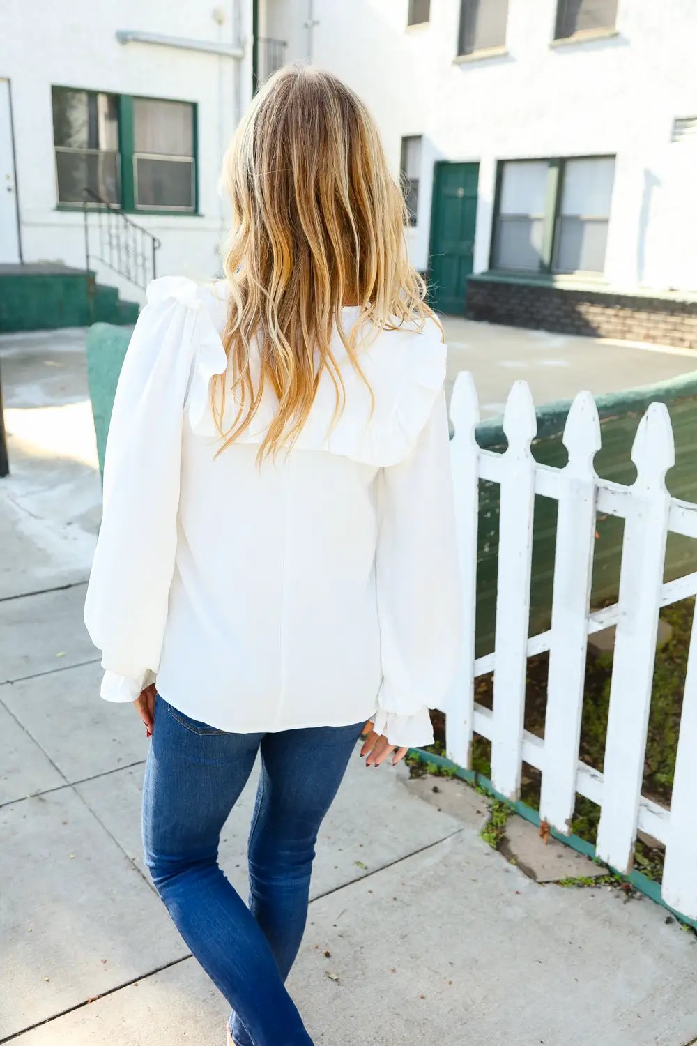 Eyes On You Ivory Ribbon Tie Bow Square Neck Ruffle Bubble Sleeve Blouse by Haptics