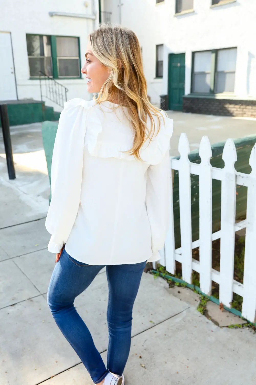 Eyes On You Ivory Ribbon Tie Bow Square Neck Ruffle Bubble Sleeve Blouse by Haptics