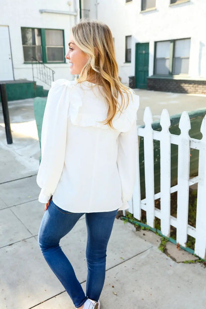 Eyes On You Ivory Ribbon Tie Bow Square Neck Ruffle Bubble Sleeve Blouse by Haptics