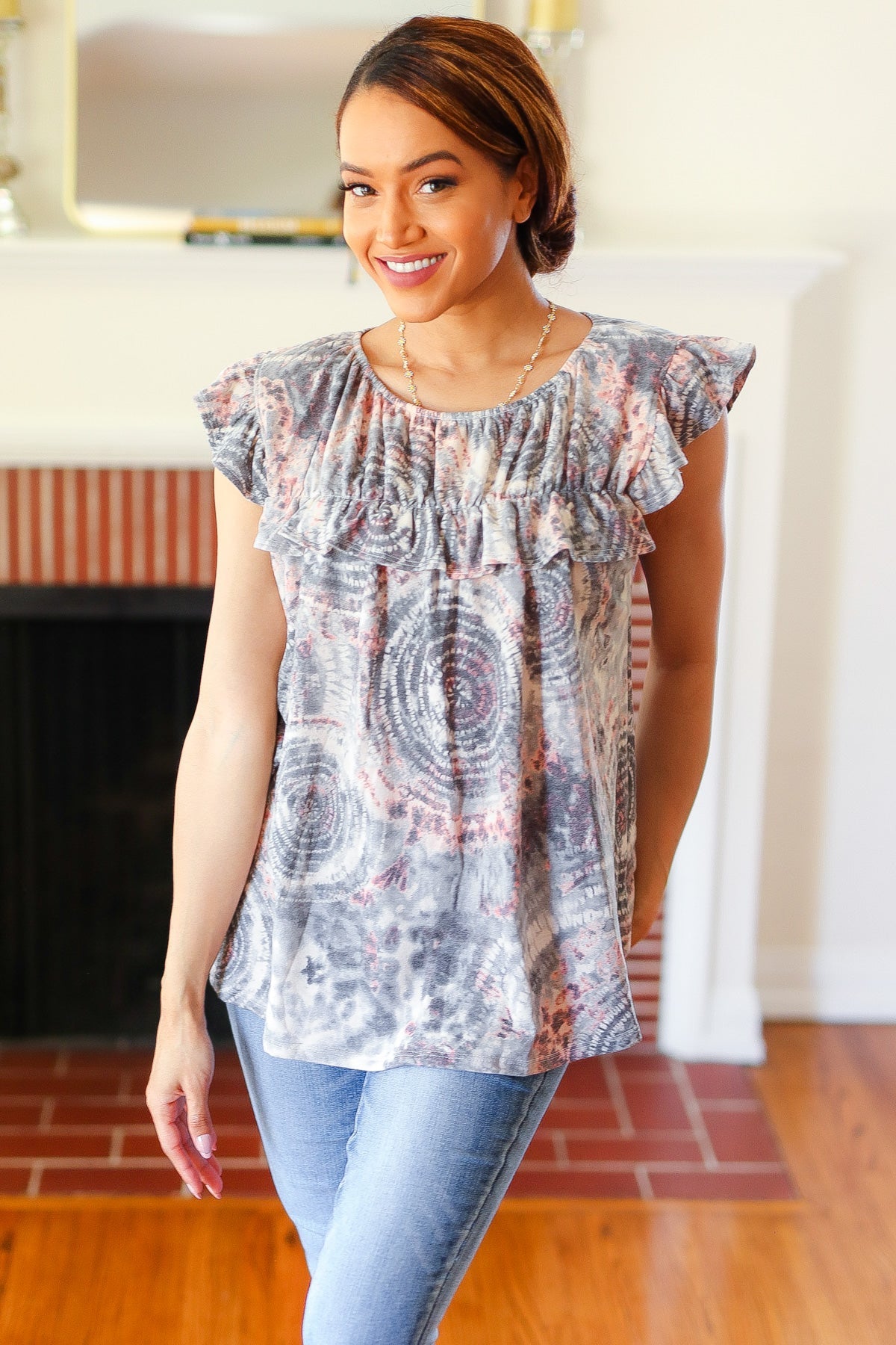 Everyday Gray & Coral Tie Dye Frilled Short Sleeve Yoke Top