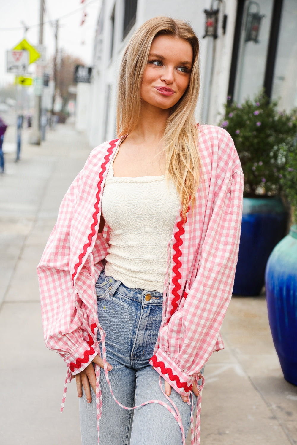 Spell Bound Red & Pink Cotton Ribbon Tie Gingham Pocket Jacket