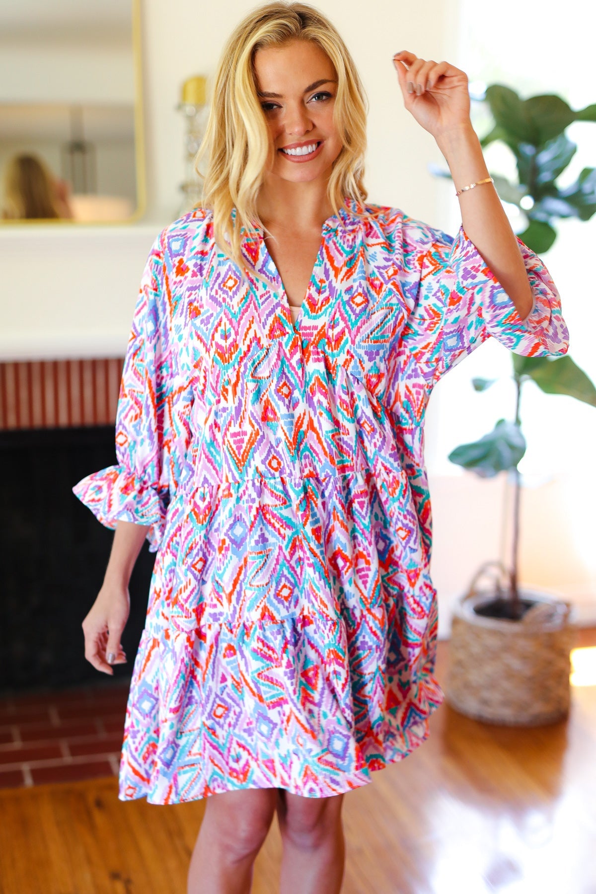 Love Found Blue & Lavender Ikat Print V Neck Dress