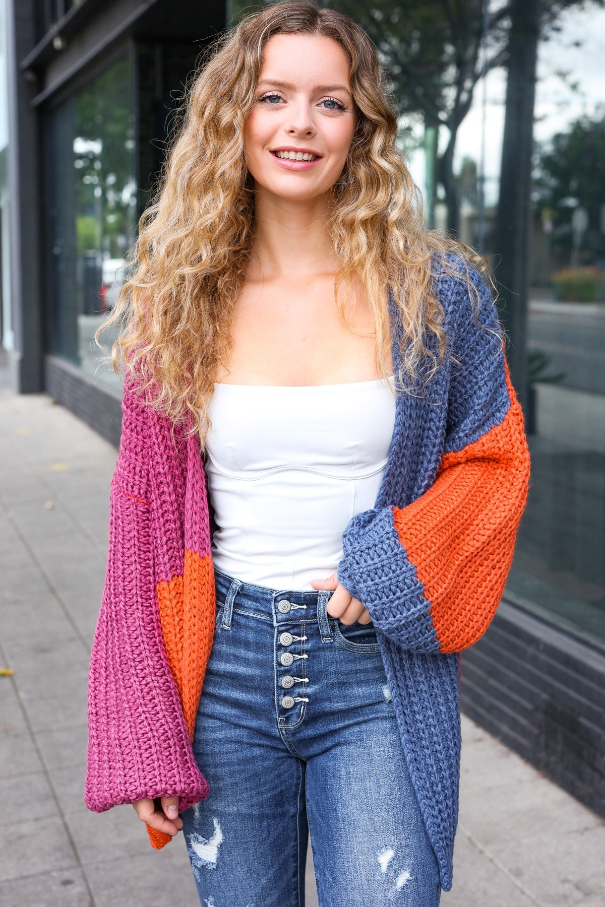 Dazzle In Magenta & Navy Chunky Knit Color Block Cardigan