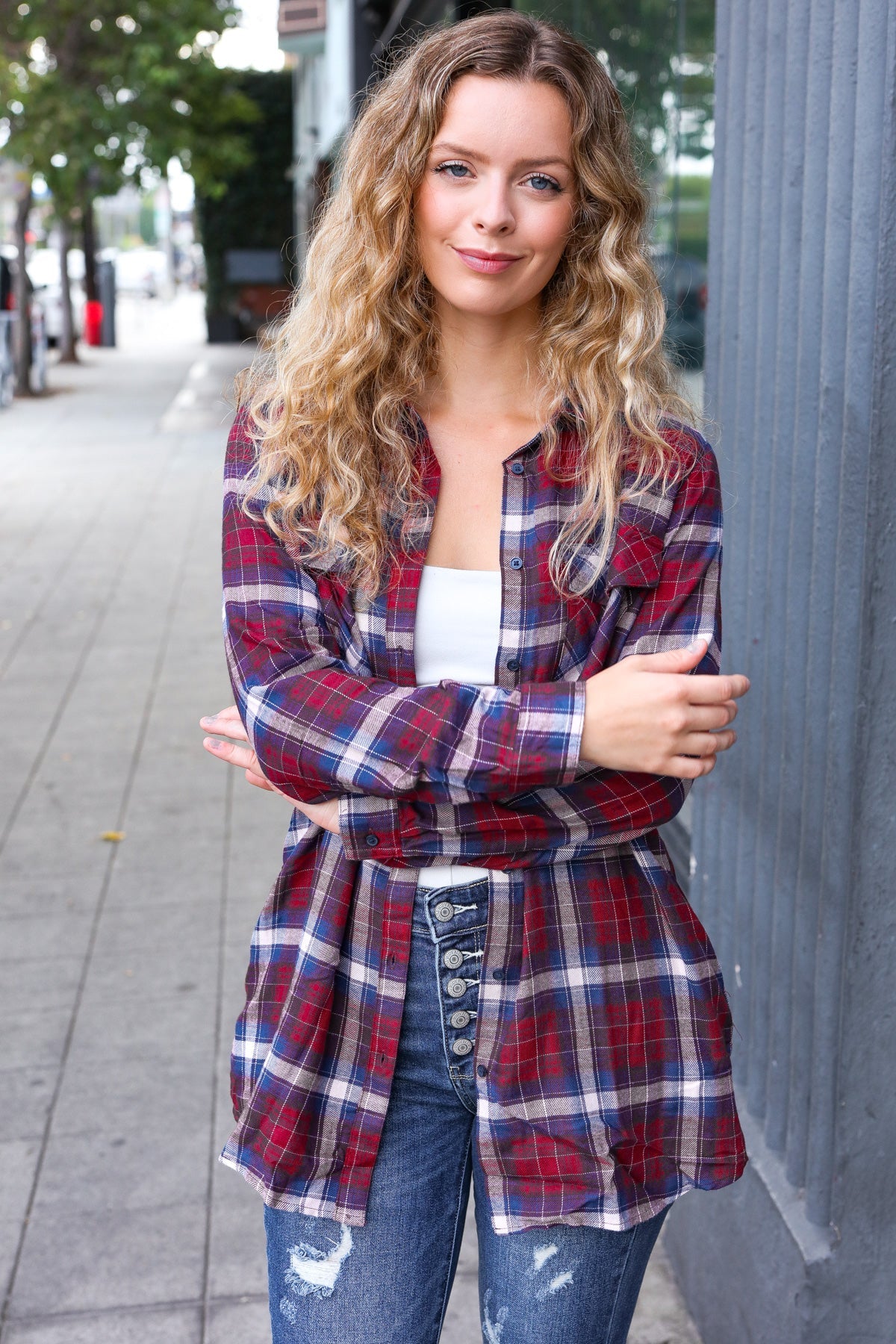 Make a Move Cabernet Plaid Button Down Long Sleeve Top