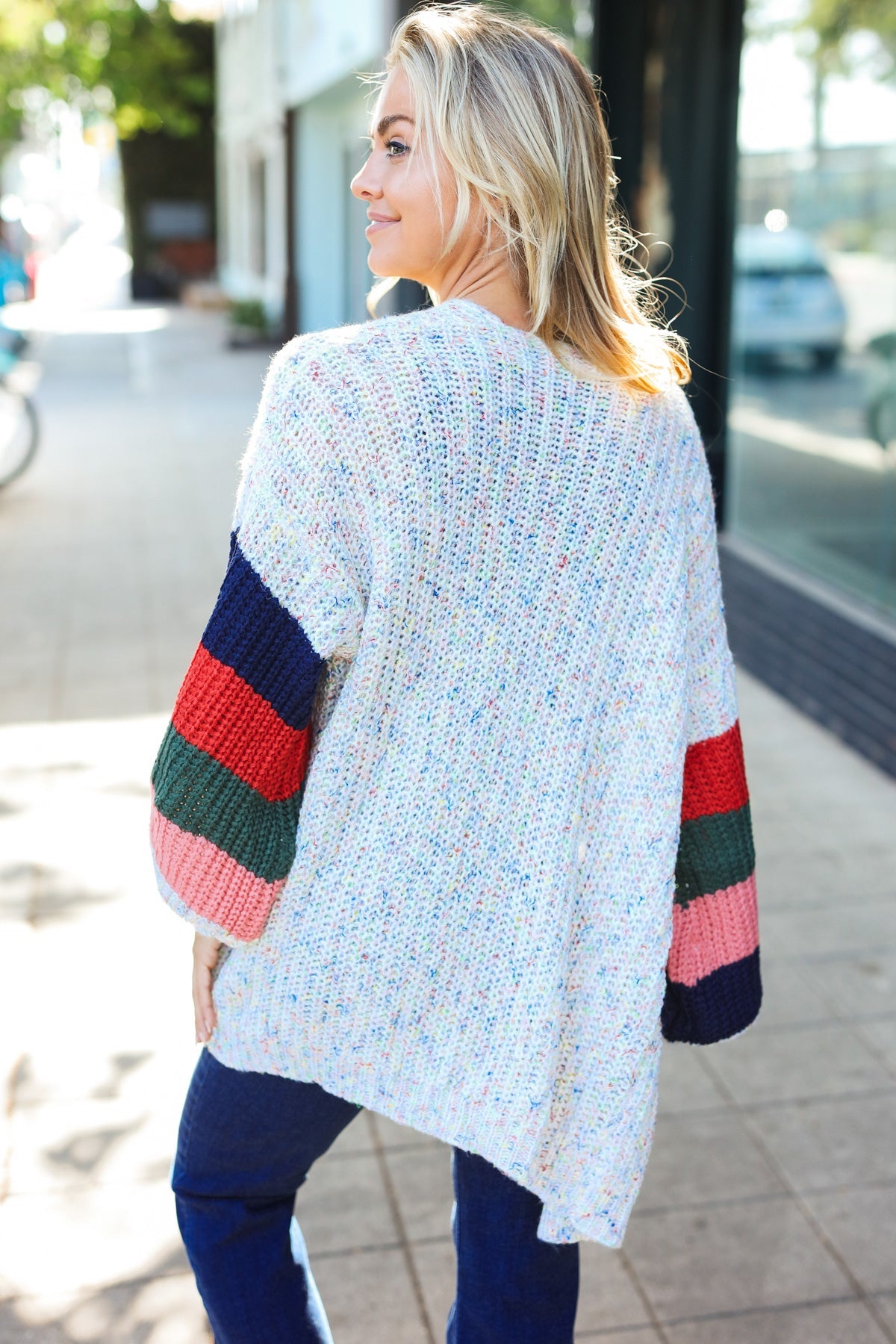 Weekend Ready Ivory Multicolor Mixed Thread Bubble Sleeve Cardigan