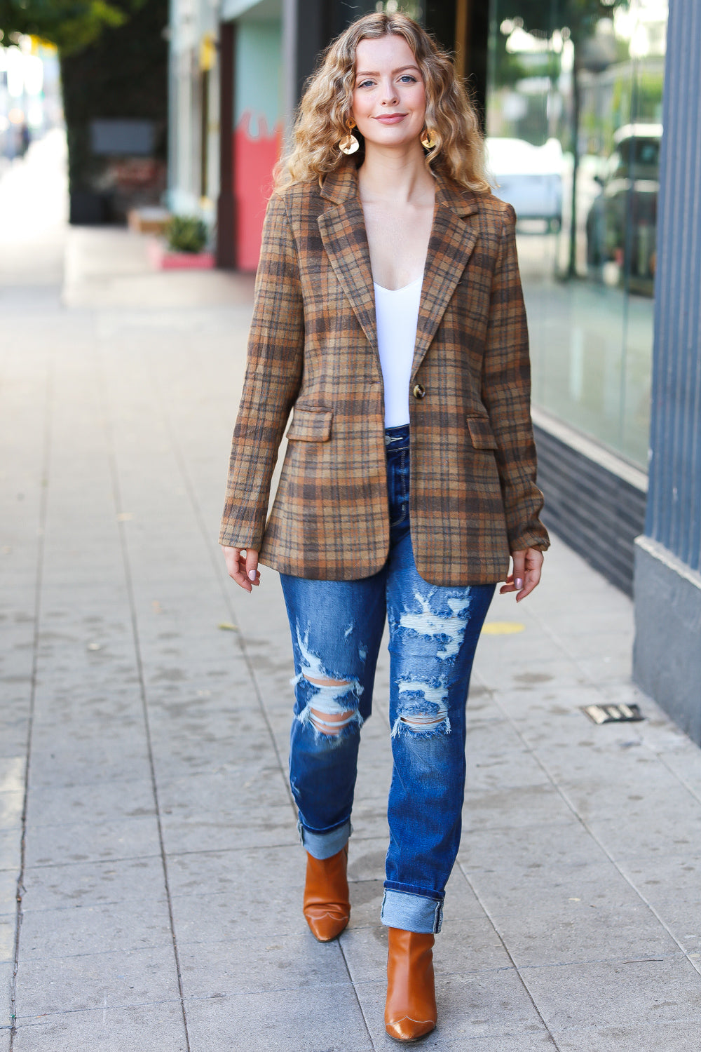 Make It Happen Spice Plaid Tailored Collar Lapel Blazer