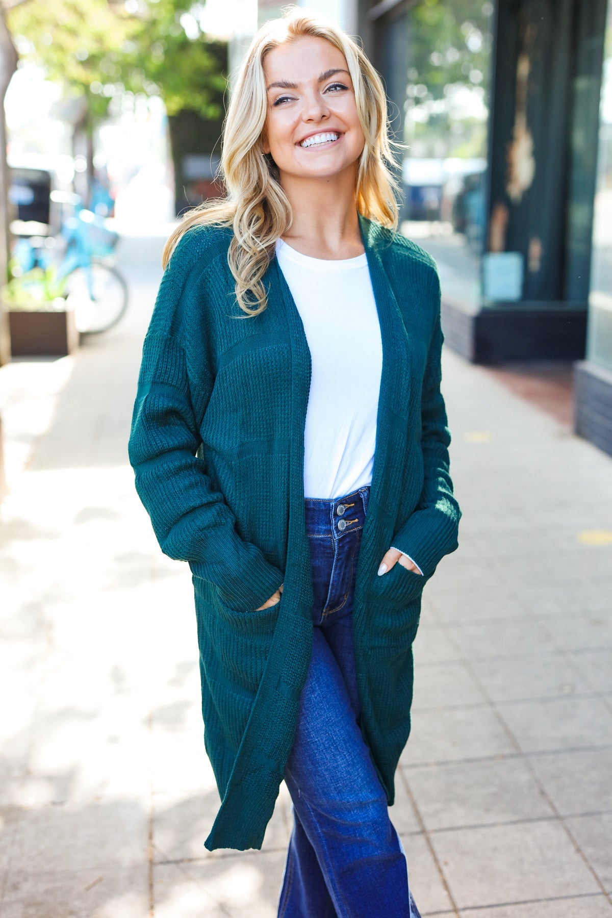 Everyday Hunter Green Striped Knit Open Cardigan