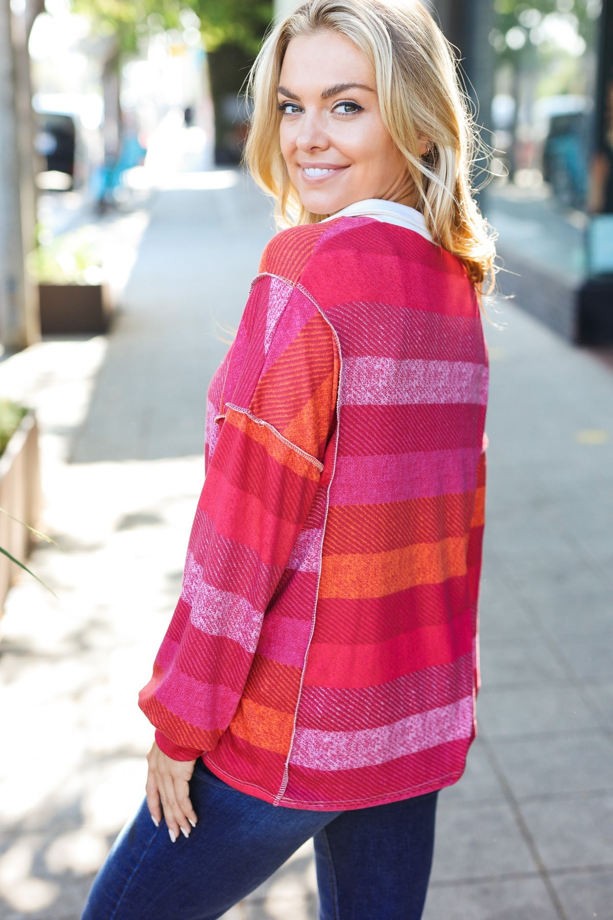 Be Bold Magenta Striped Button Down Placket Collared Top