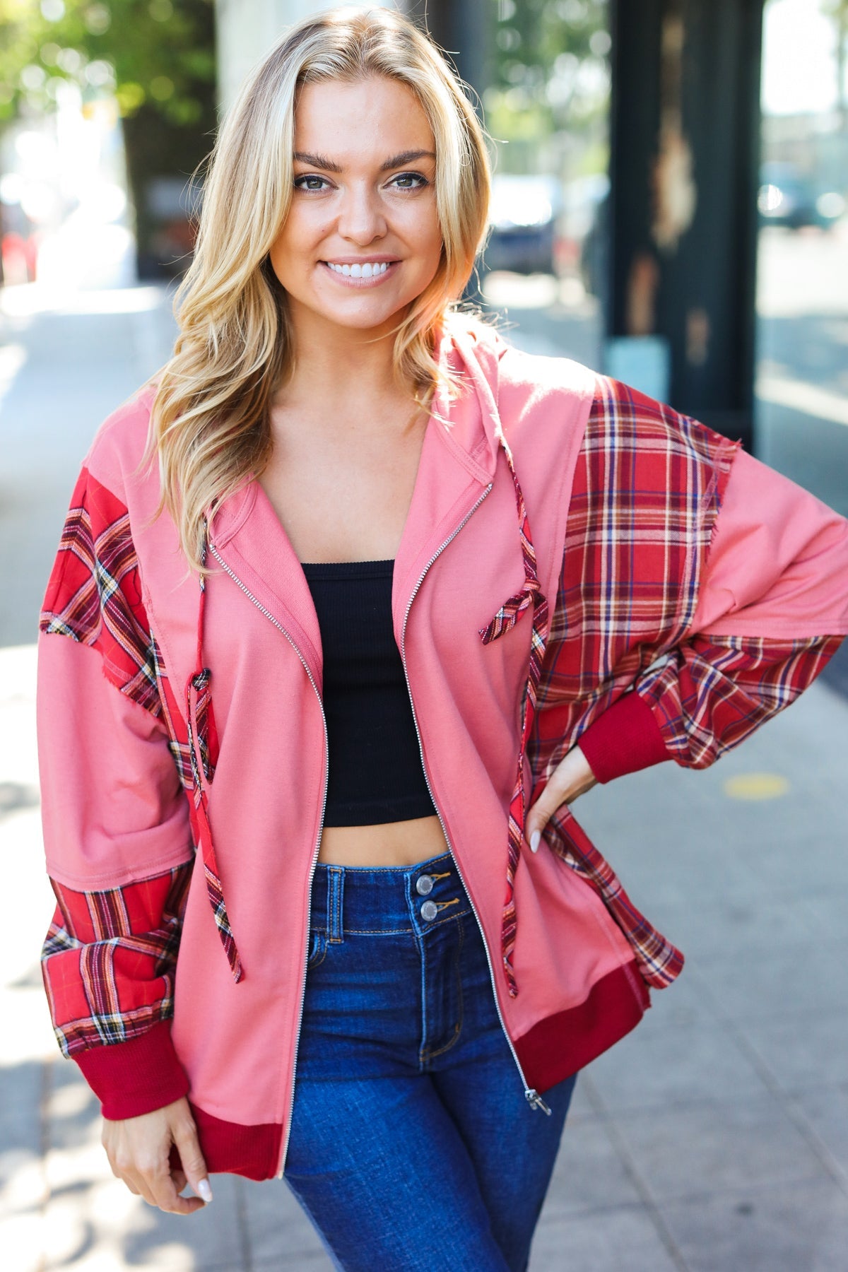 Adorable in Marsala Plaid Color Block Zipper French Terry Hoodie