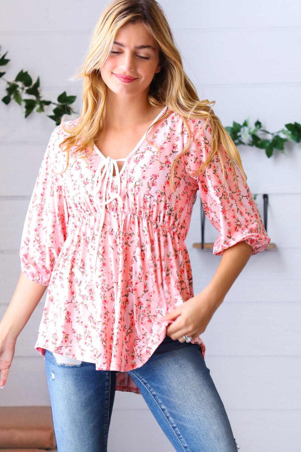 Pink Floral Stripe V Tie Neck Knit Top