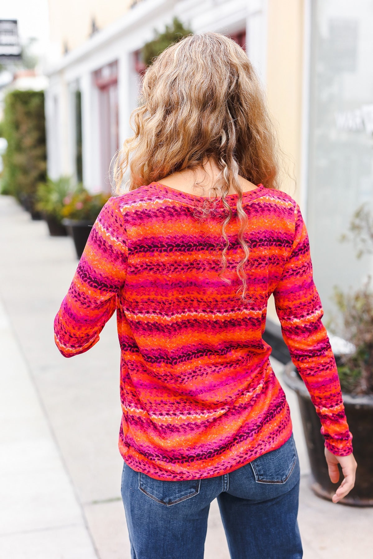 Be Bold Flame & Magenta Striped Cable Knit Print Hacci Top