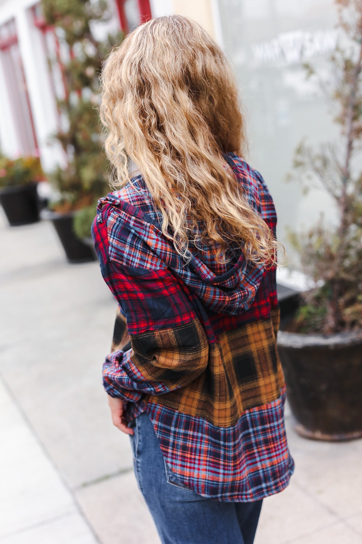 Holiday Ready Red & Mustard Plaid Notched Neck Flannel Hoodie