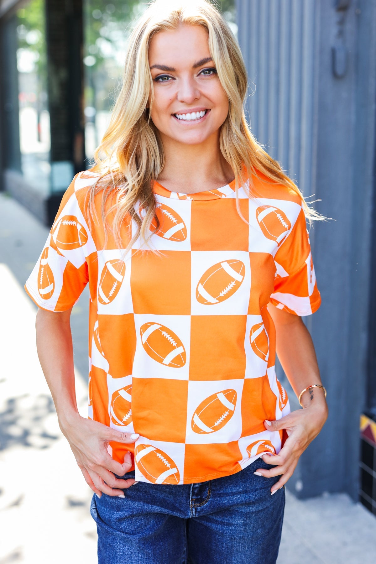 Turn Up The Volume Orange Football Checker Top